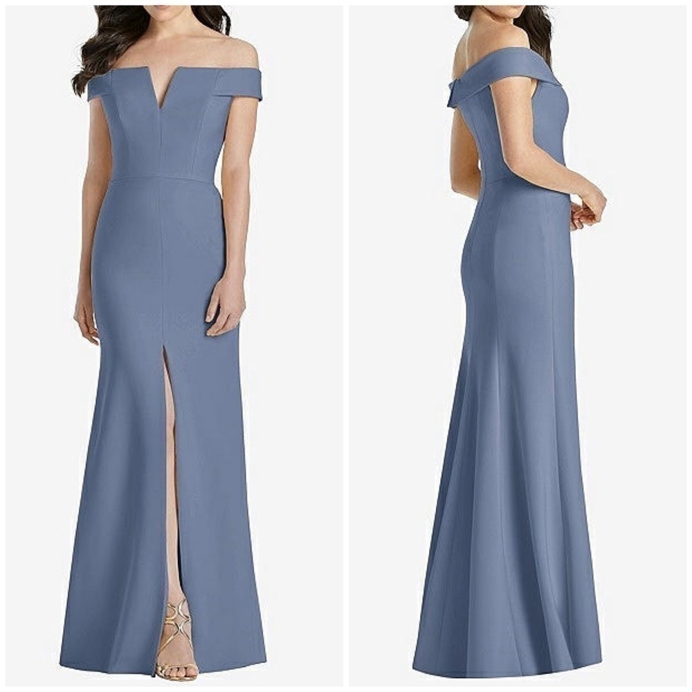 NWT Dessy Collection Off The Shoulder Trumpet Gown Bridesmaid Dress Larkspur 0